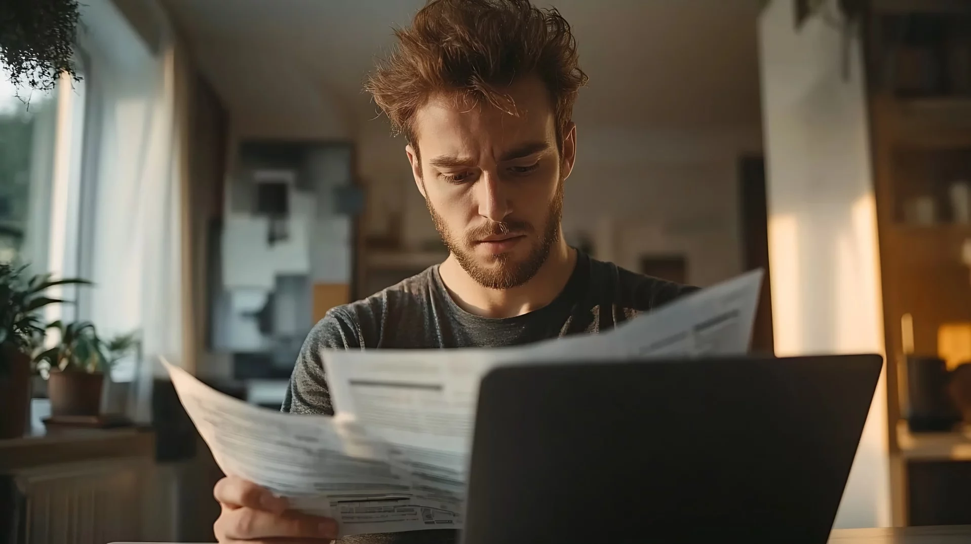 A man looking at an electricity bill is confused why the rate is higher than expected.
